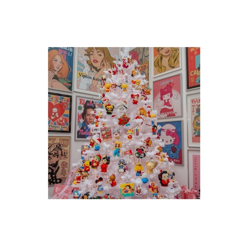 HANDCRAFTED digital art print  White Christmas Tree with Cartoon Ornaments